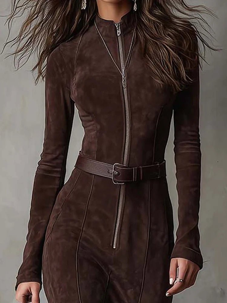 Marceline | Langes braunes Kleid mit Gürtel