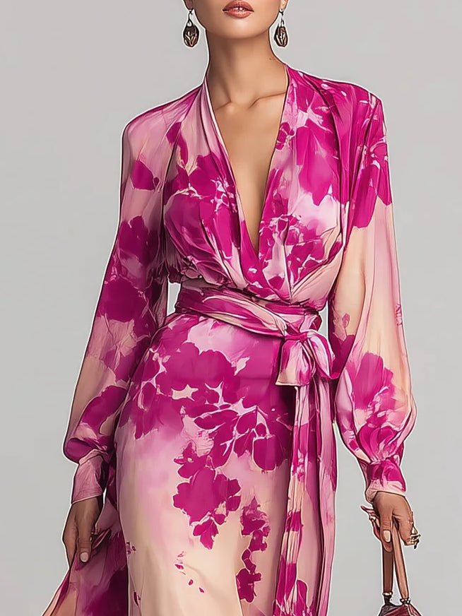 Julia | Maxi V Kleid mit Blumen und Gürtel