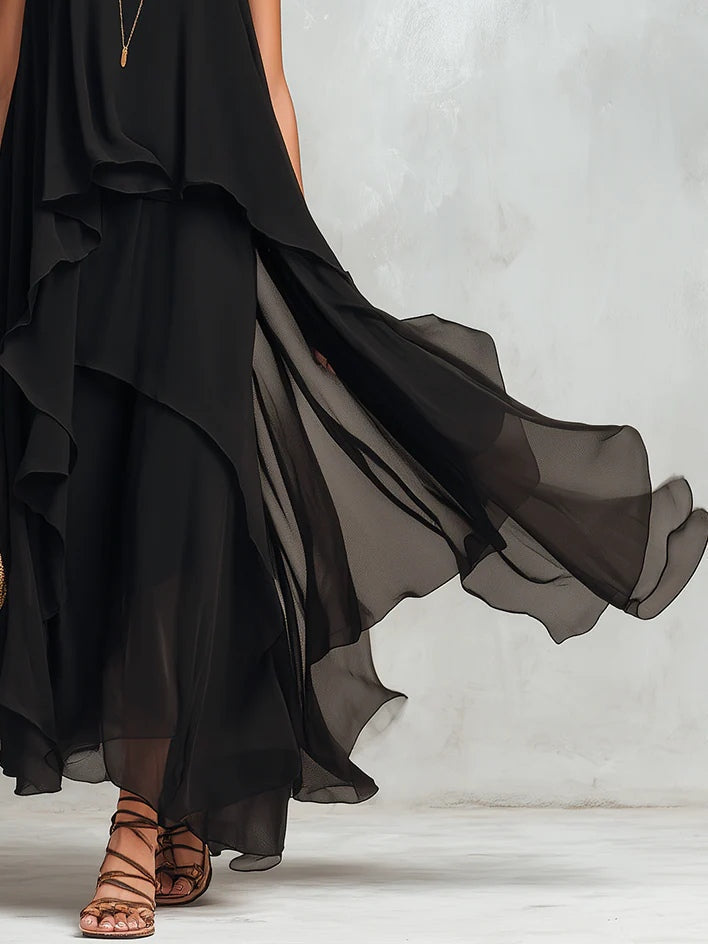 Théodora | Schwarzes Chiffon-Maxikleid im Lagenlook