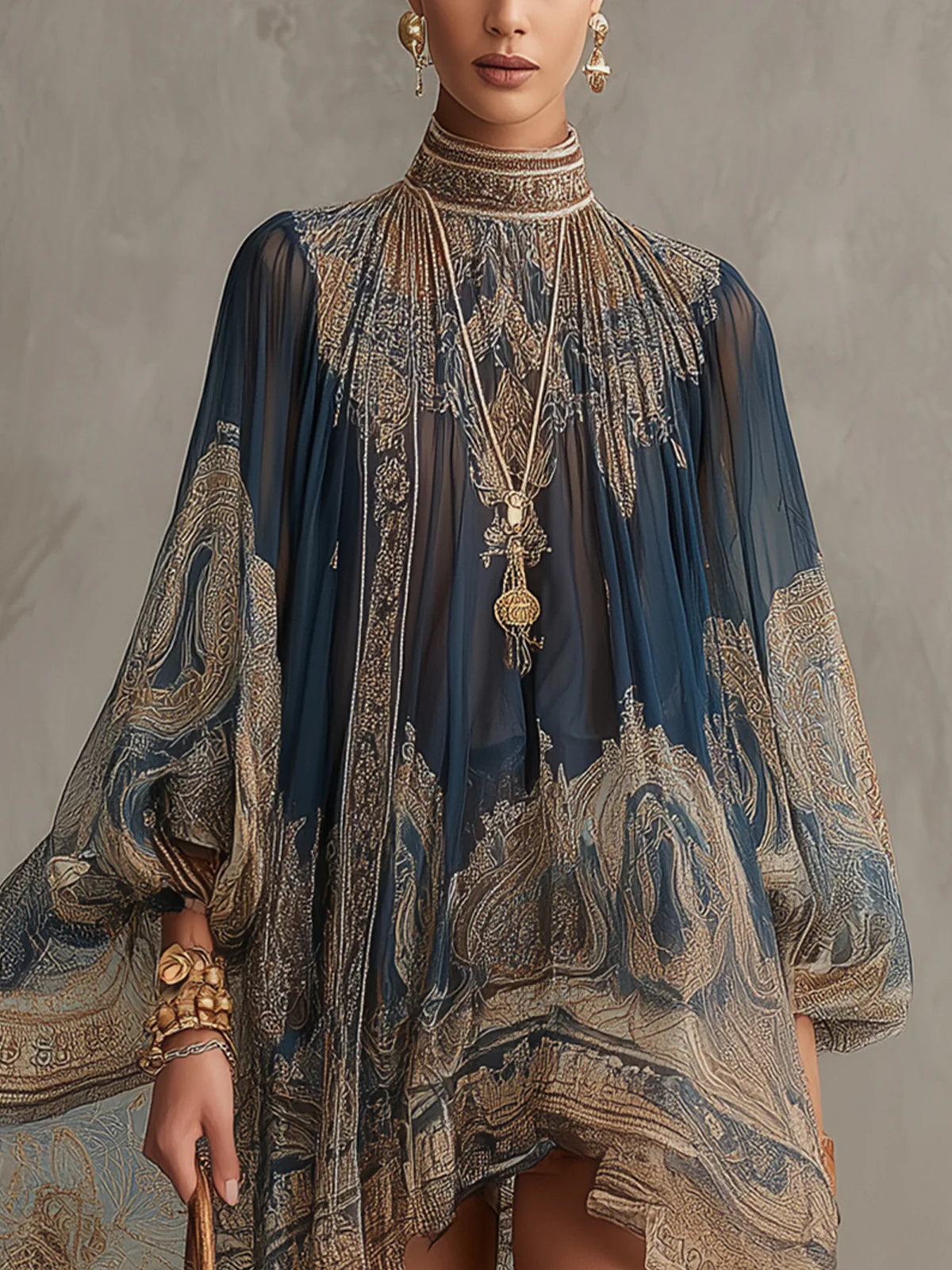Vibeke – Marineblaues Chiffonkleid mit Barockmuster