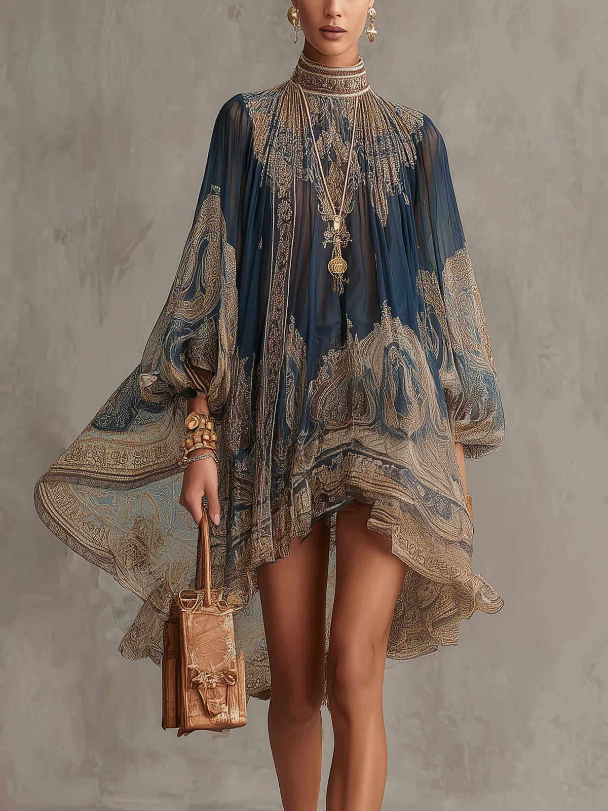 Vibeke – Marineblaues Chiffonkleid mit Barockmuster
