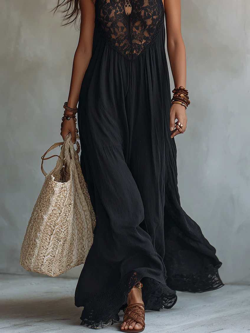 Zélie | Schwarzes Boho-Maxikleid mit Spitzenbesatz