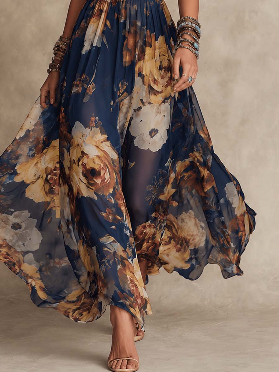 Yrsa – Marineblaues Maxikleid mit Blumenmuster