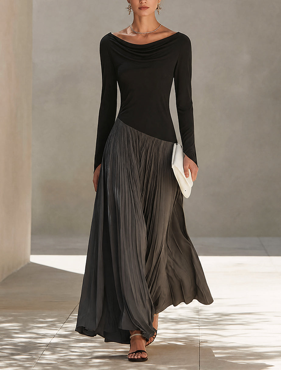 Zweifarbiges (schwarz-graues) Patchwork-Maxikleid mit drapiertem Ausschnitt und Falten