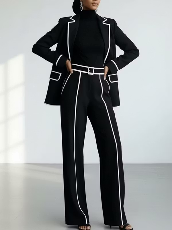 Claudine | Schwarzes zweiteiliges Blazer-Set mit weißer Kontrastpaspelierung und weiter Hose