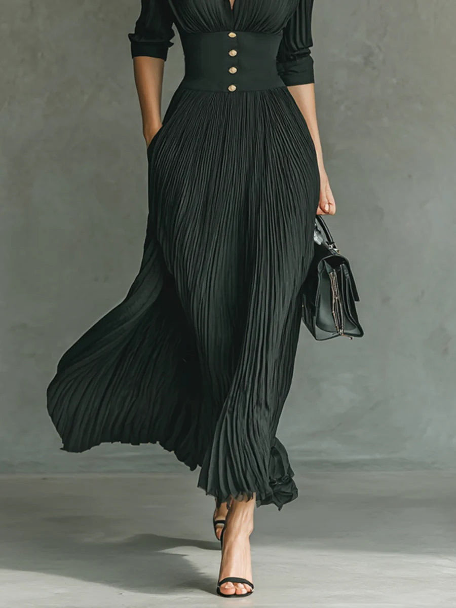 Elvire | Langes plissiertes Kleid mit Reverskragen und hoher Taille