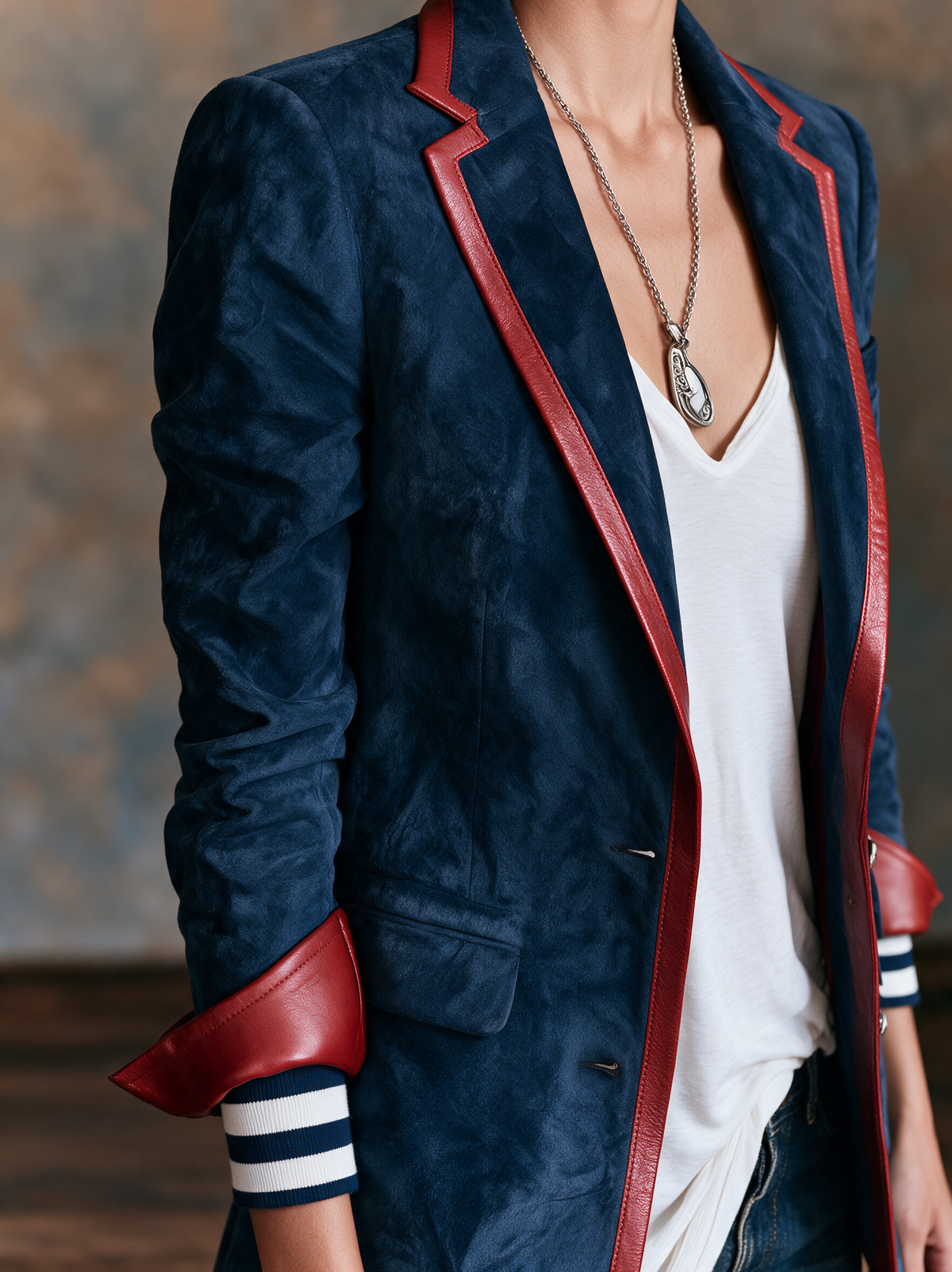 Ginevra | Vintage-Blazer aus Velourslederimitat mit Kontrastbesatz
