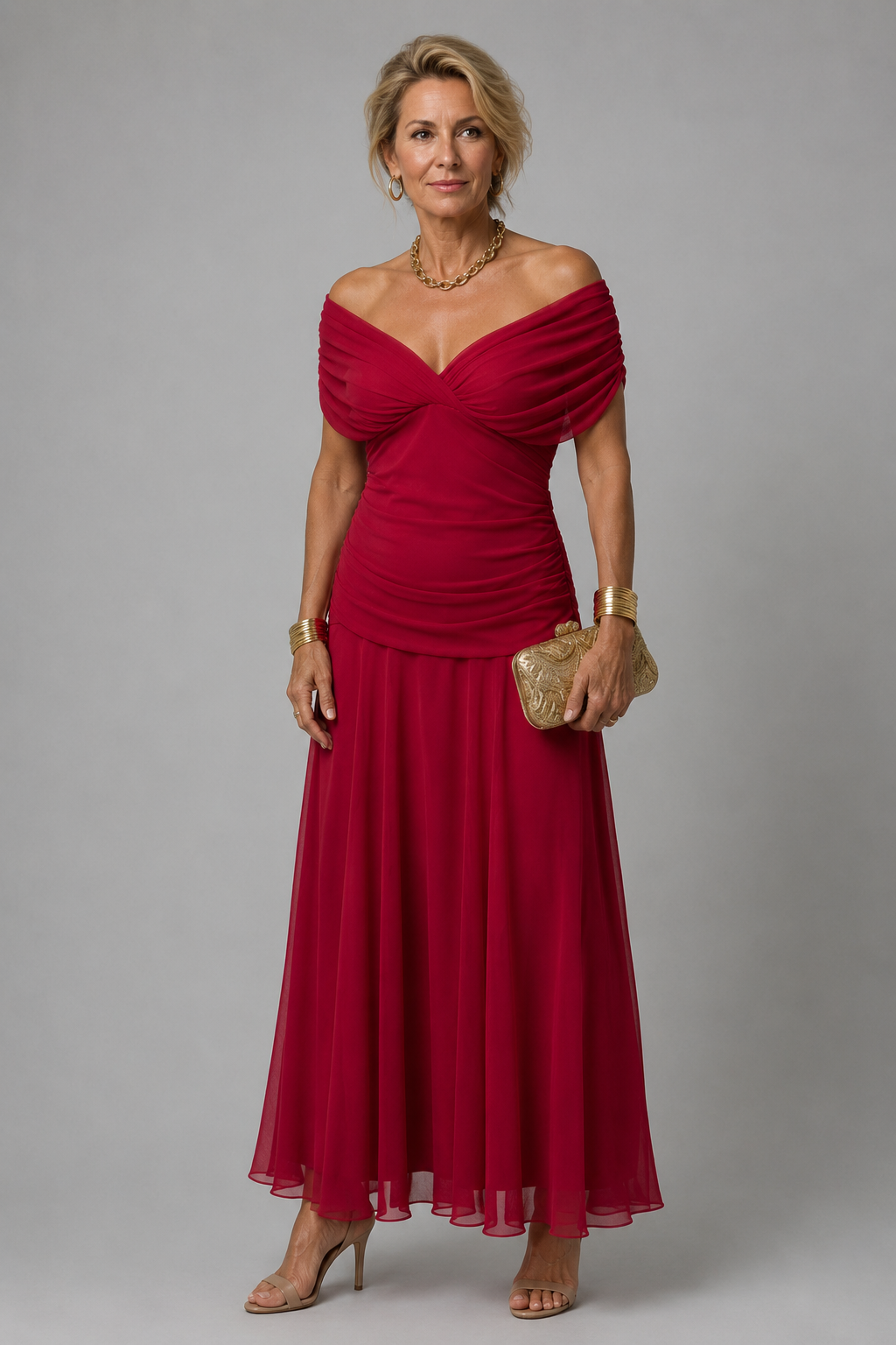 Ariane | Drapiertes schulterfreies Midikleid