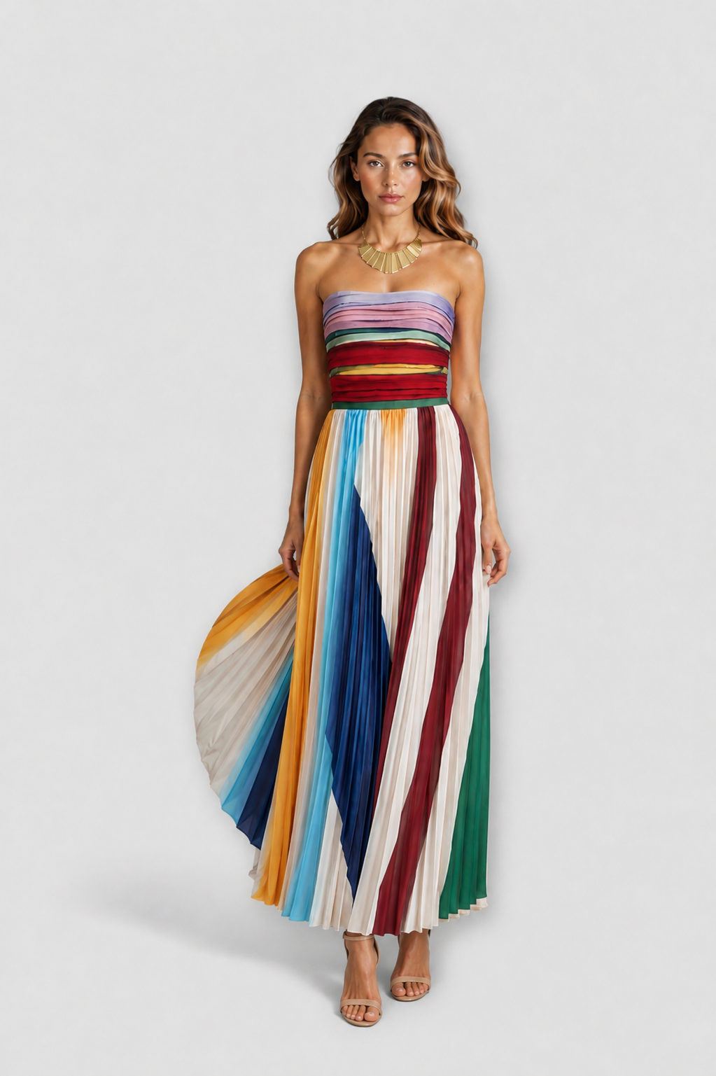 Delyth | Trägerloses plissiertes Maxikleid