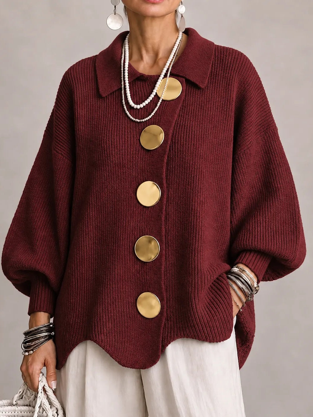 Loredana | Oversize-Rippstrick-Cardigan mit Wellenkante, Bordeaux