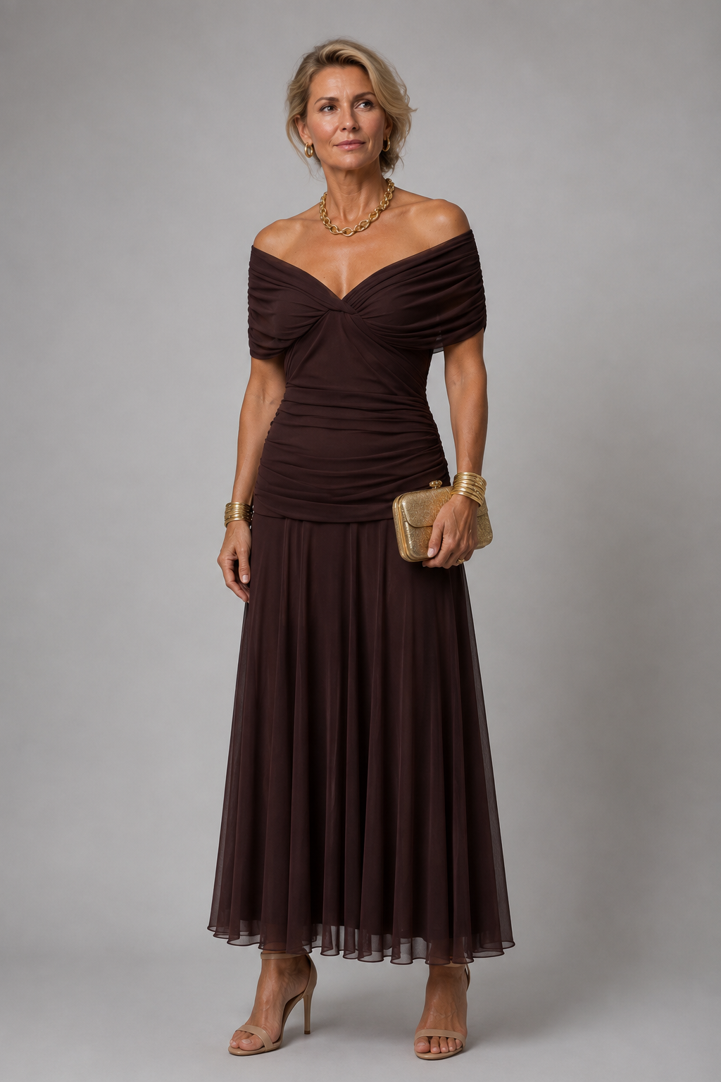 Ariane | Drapiertes schulterfreies Midikleid