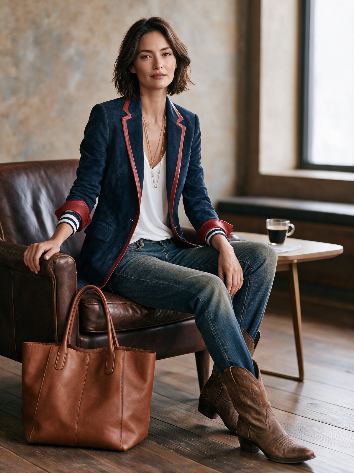 Ginevra | Vintage-Blazer aus Velourslederimitat mit Kontrastbesatz