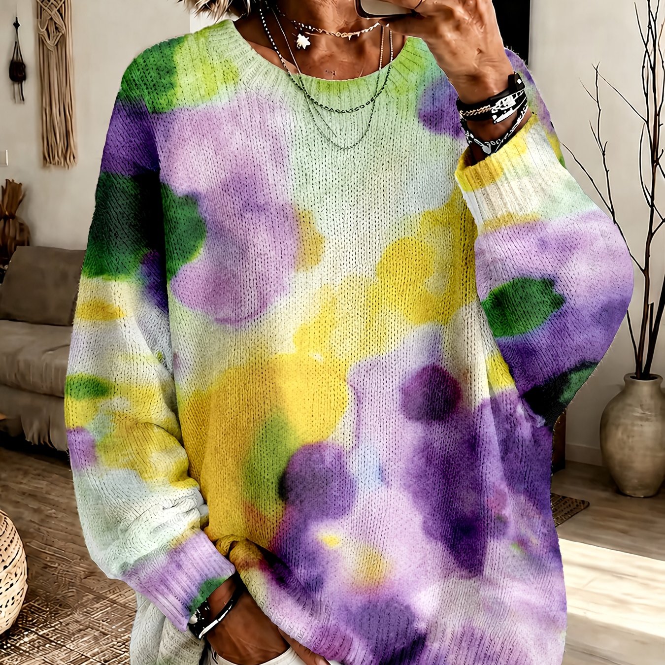 Violetta | Lila Tie-Dye-Pullover mit Blumenmuster und Rundhalsausschnitt