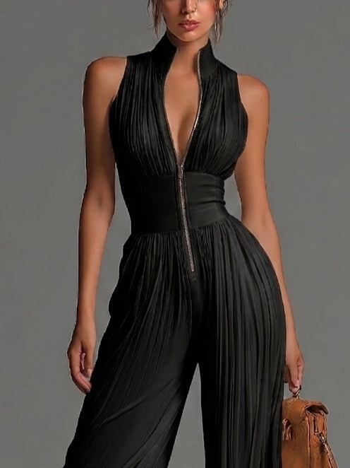 Anaïs | Chiffon-Jumpsuit mit V-Ausschnitt und weitem Plissee-Bein