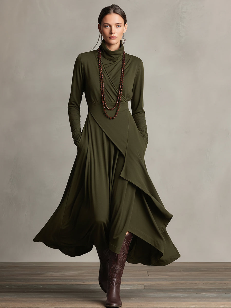 Bohemian Cotton Stretch Turtleneck Asymmetrisch Drapiertes Maxikleid