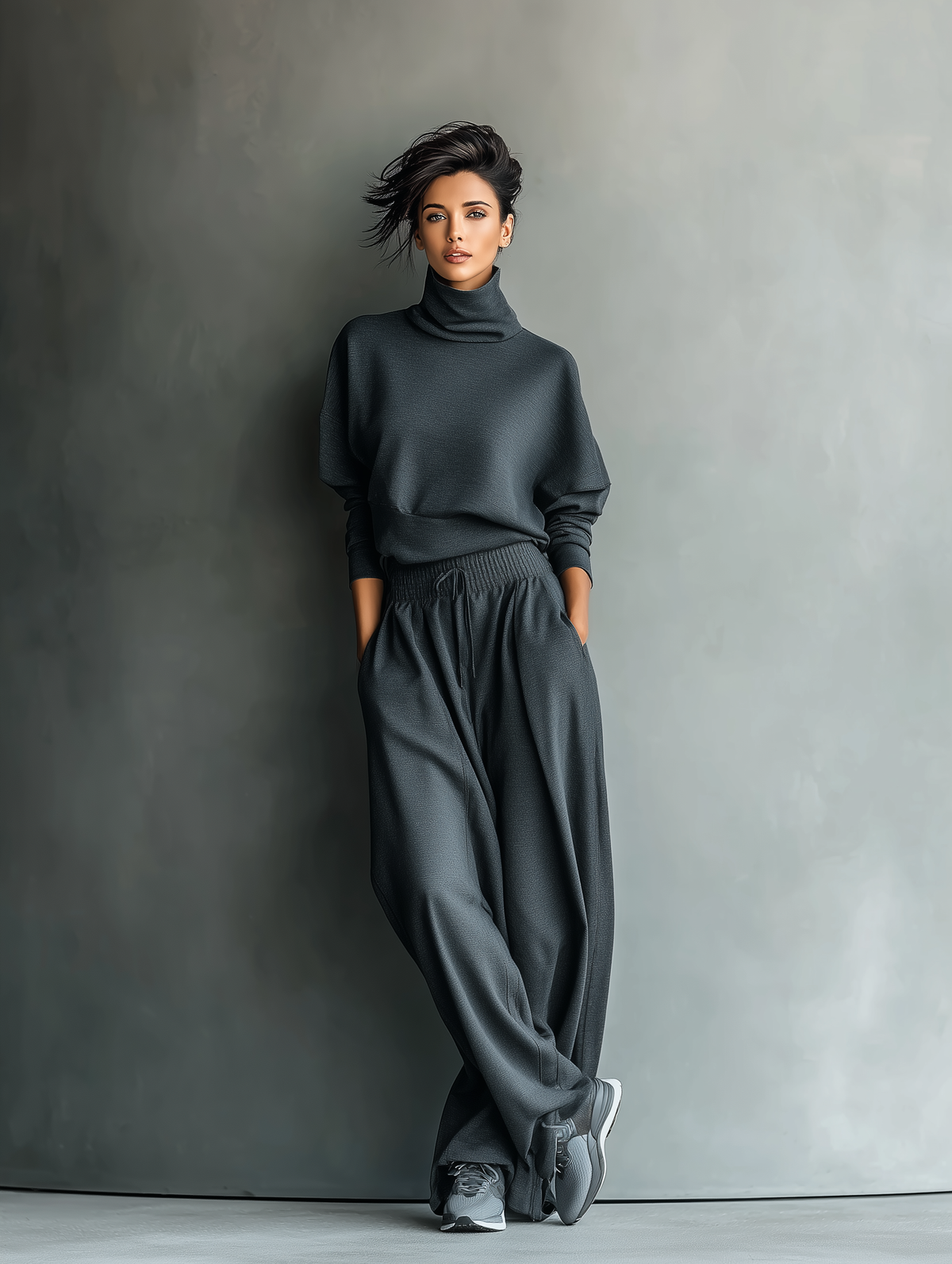 Anthrazitfarbenes Damen-Strickset mit hohem Kragen und weiter Hose