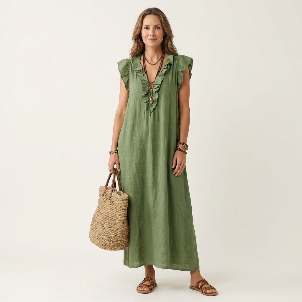 Anita – Langes Kleid mit V-Ausschnitt und Rüschen