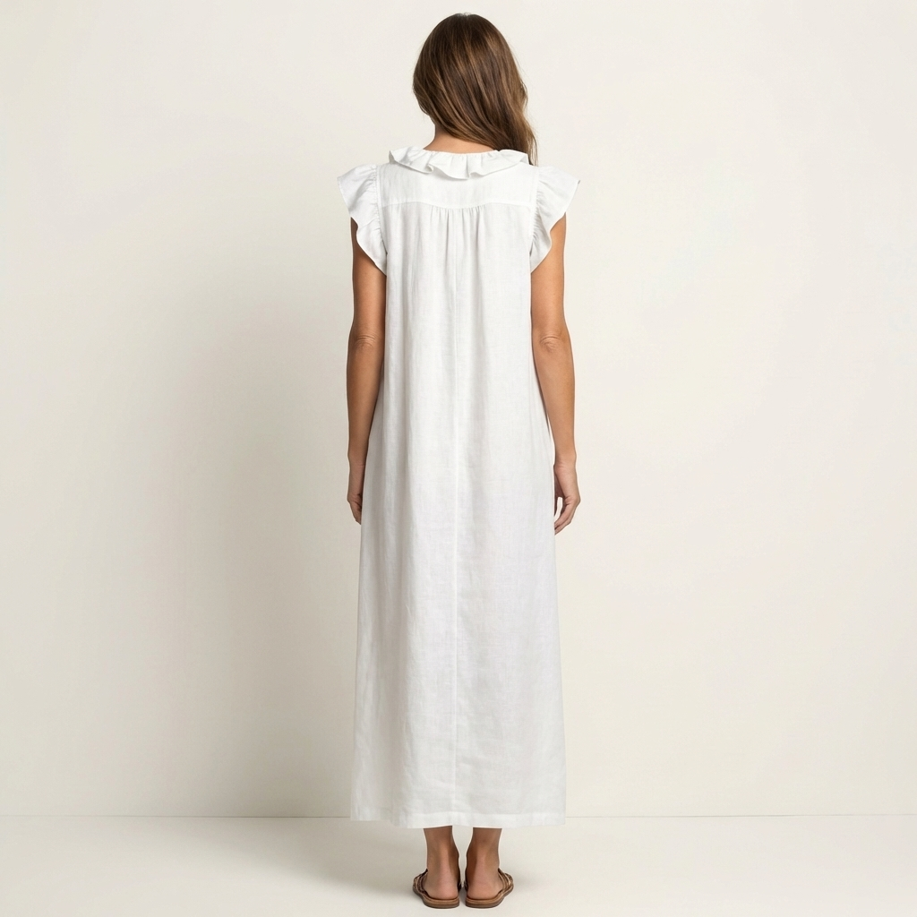 Anita – Langes Kleid mit V-Ausschnitt und Rüschen