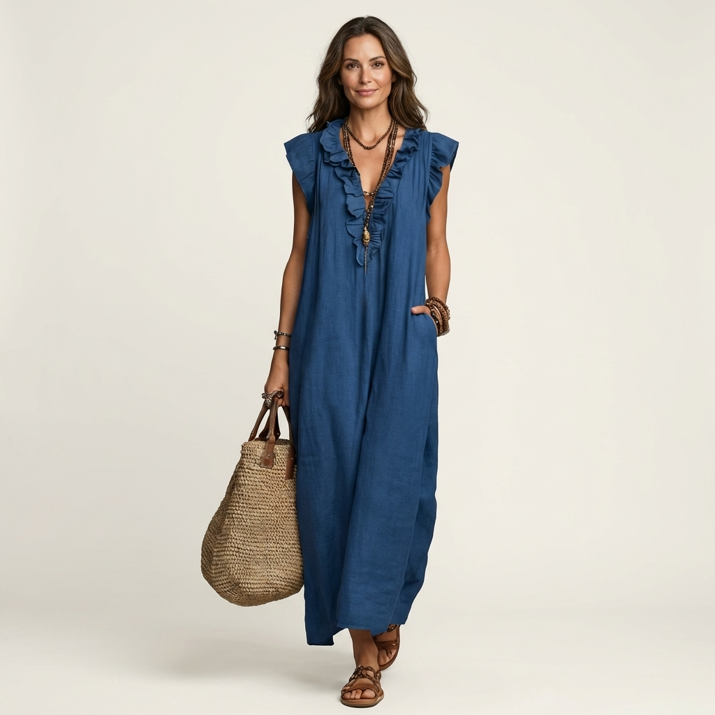 Anita – Langes Kleid mit V-Ausschnitt und Rüschen