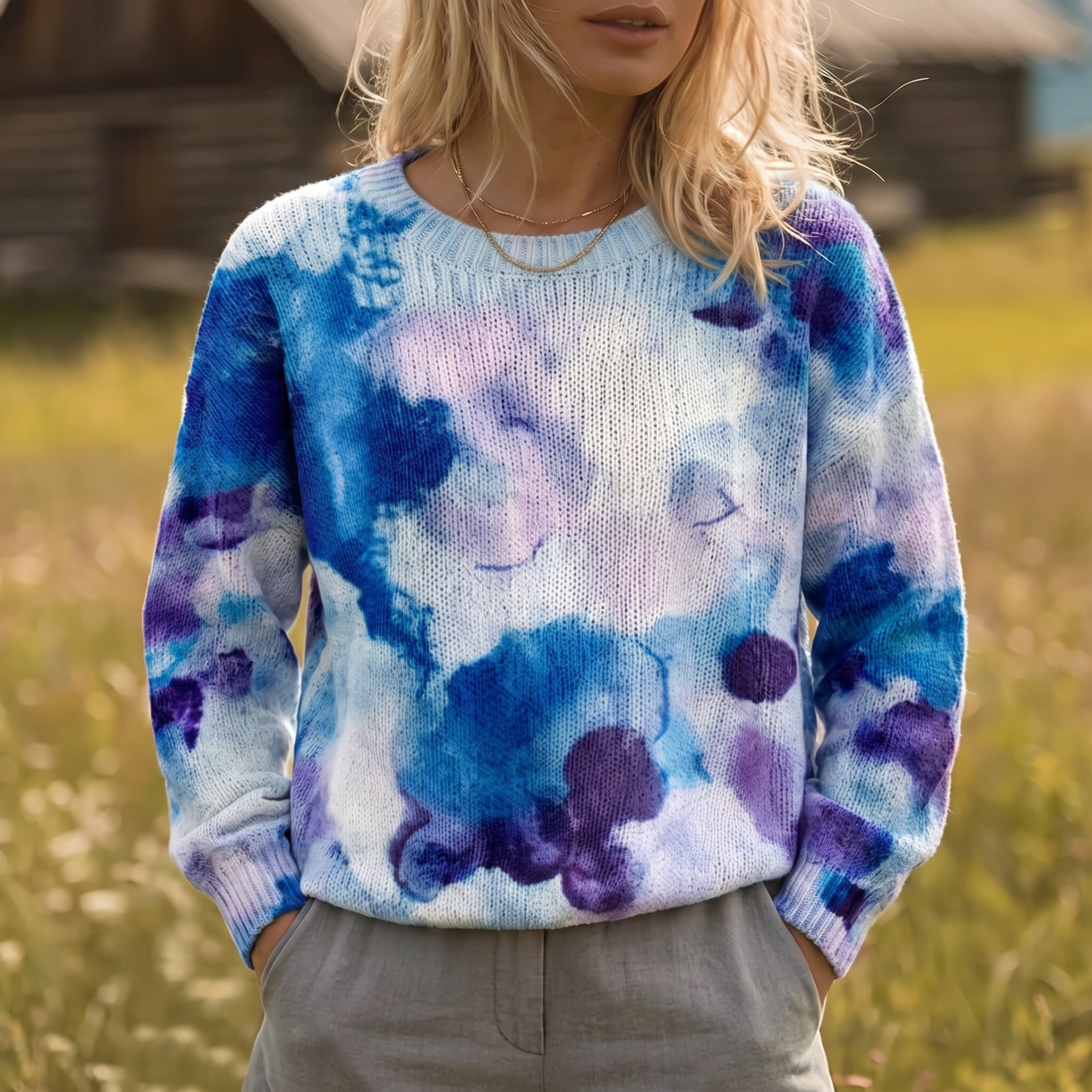 Cerulyn | Blauer Strickpullover mit floralem Tie-Dye-Muster