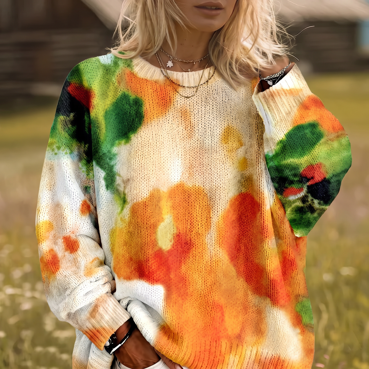 Amberlei | Oranger Tie-Dye-Pullover mit Blumenmuster und Rundhalsausschnitt