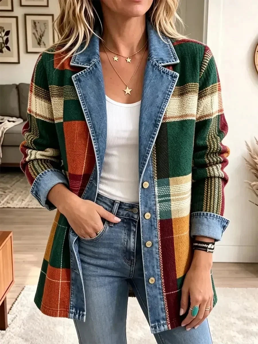 Ella | Lässige Retro-Denimjacke mit kunstvollem Karomuster