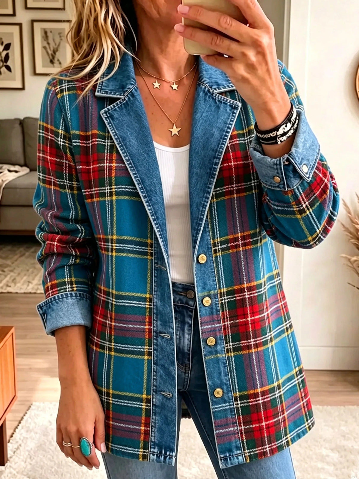 Grace | Damenblazer aus Tartan-Karo und Denim-Patchwork
