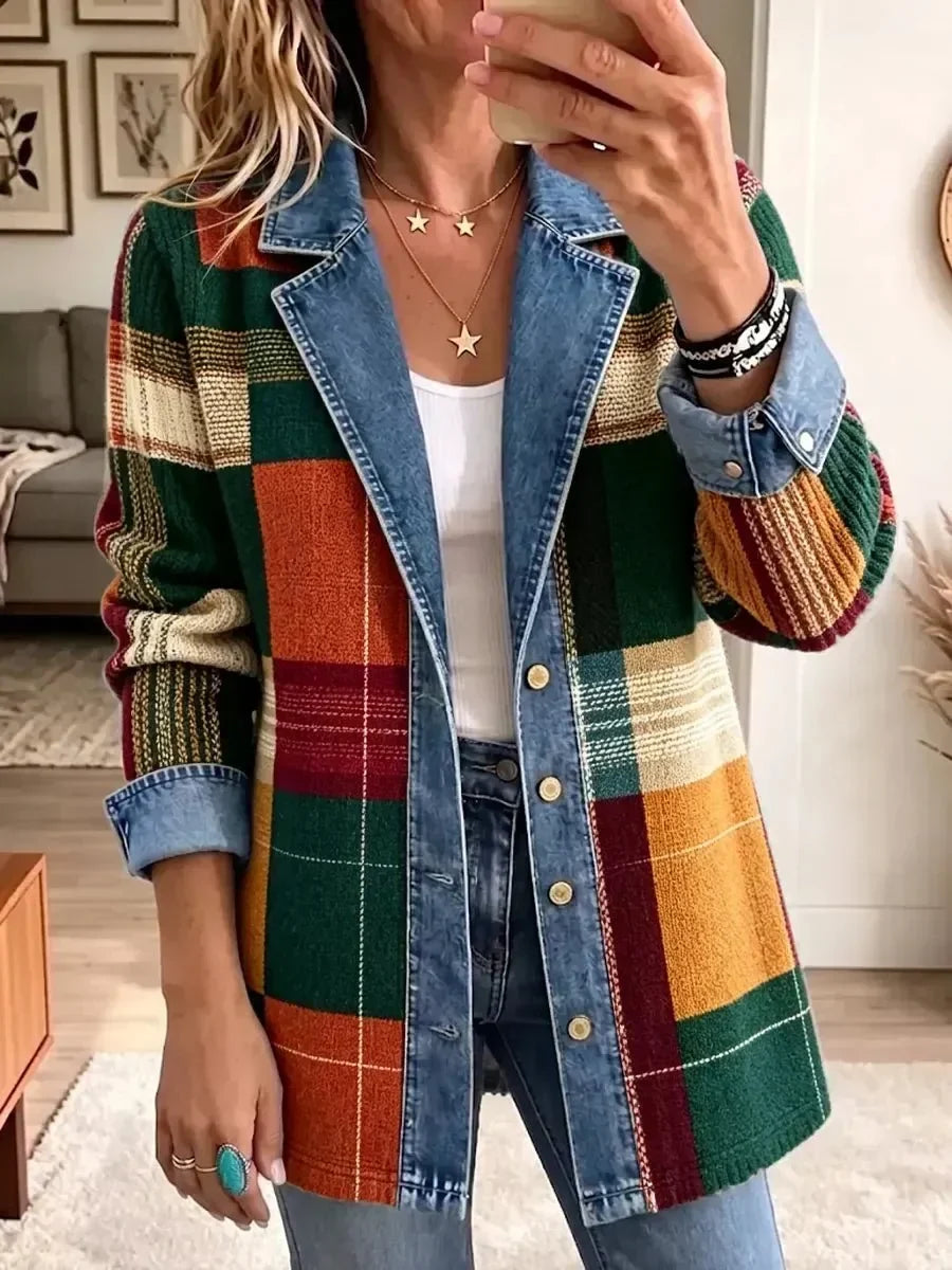 Ella | Lässige Retro-Denimjacke mit kunstvollem Karomuster