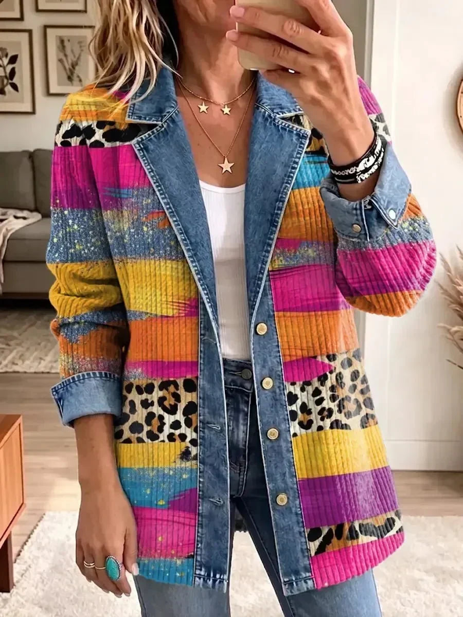 Victoria | Retro-Denimjacke mit Leoparden- und Farbmuster