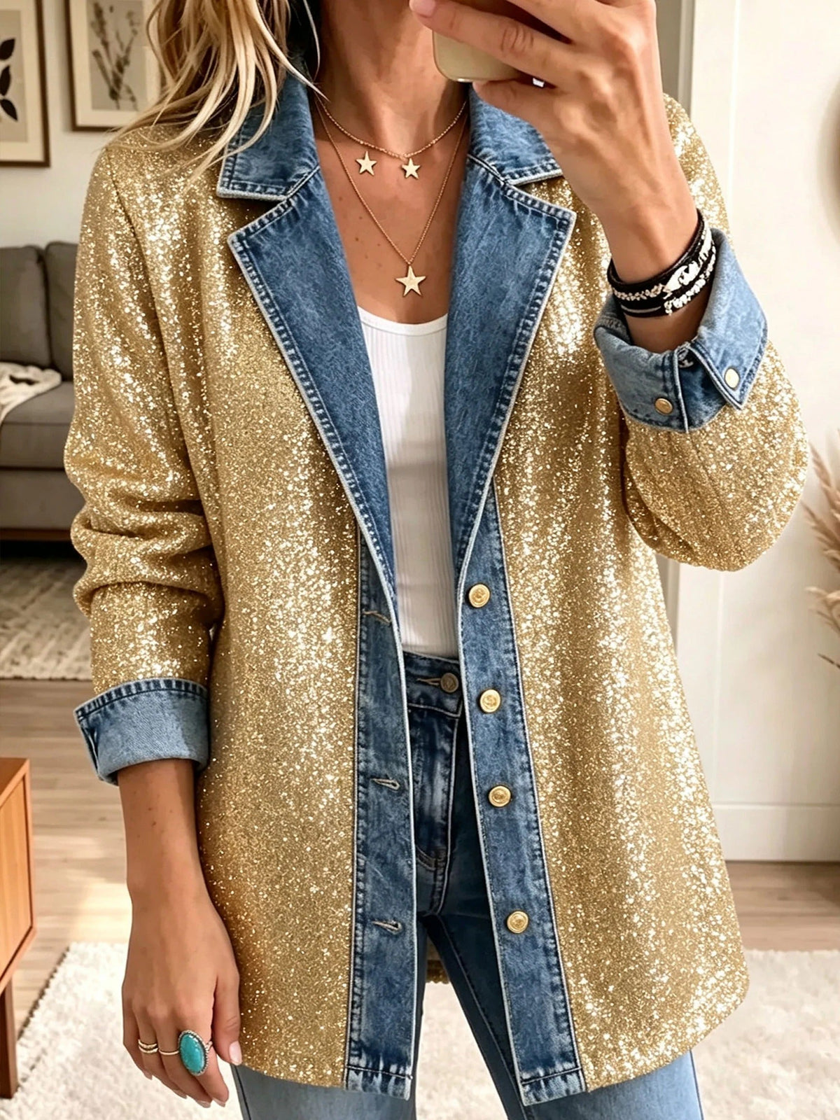 Sophia | Goldglitzer-Denim-Patchwork-Jacke