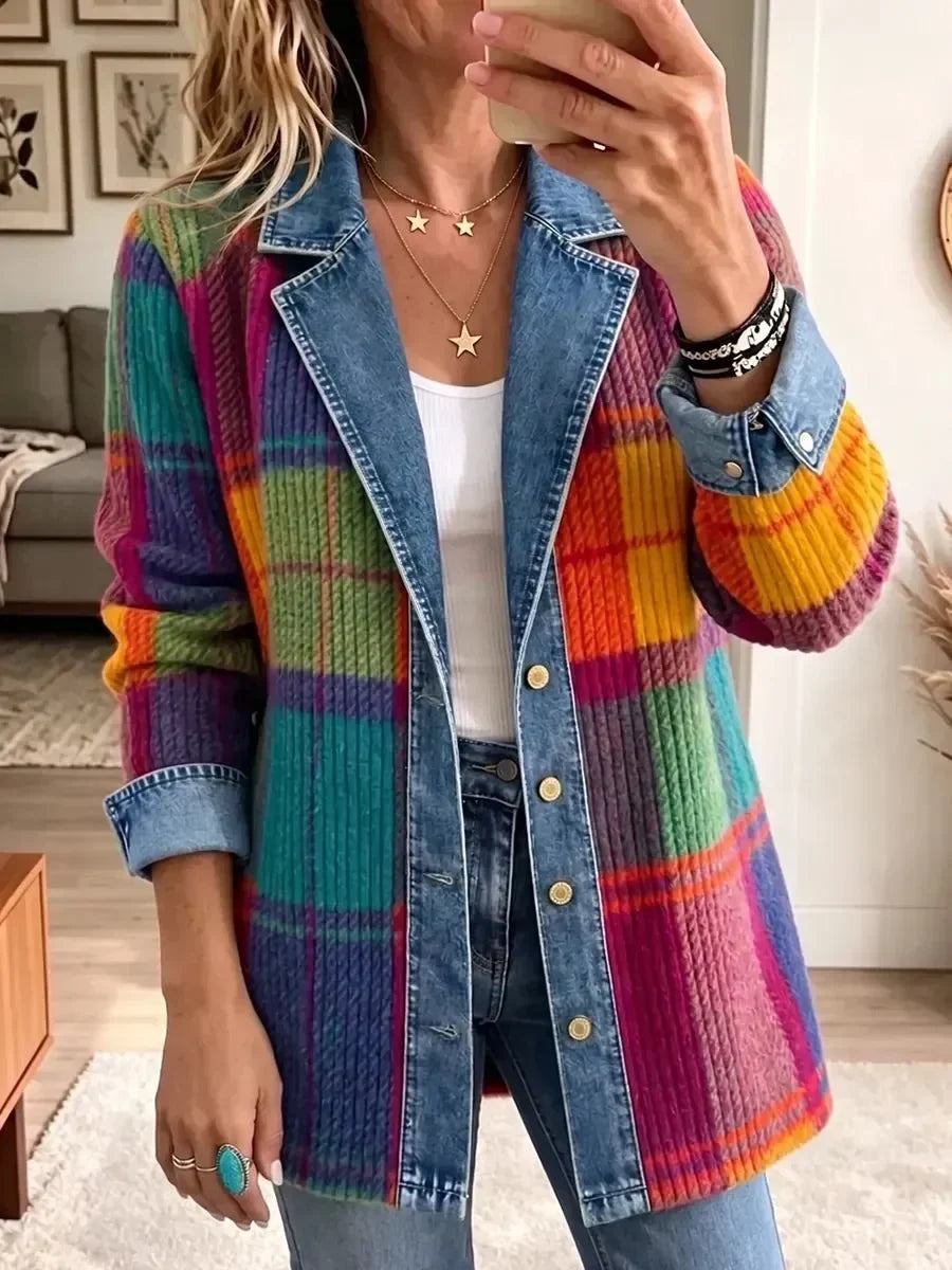 Emma | Vintage elegante Denim-Patchwork-Karojacke