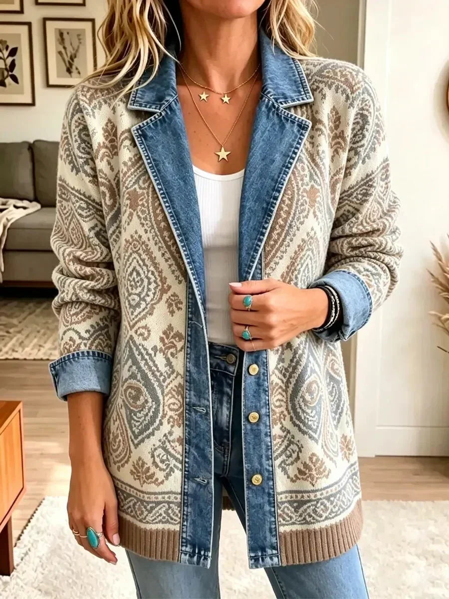 Amelia | Stilvolle Retro-Denim-Patchwork-Jacke im Ethno-Look