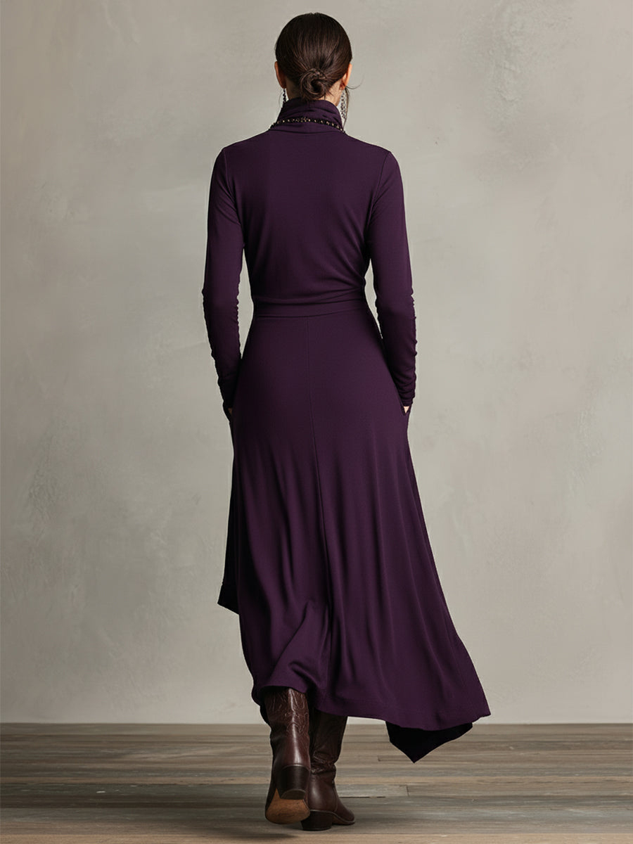 Bohemian Cotton Stretch Turtleneck Asymmetrisch Drapiertes Maxikleid