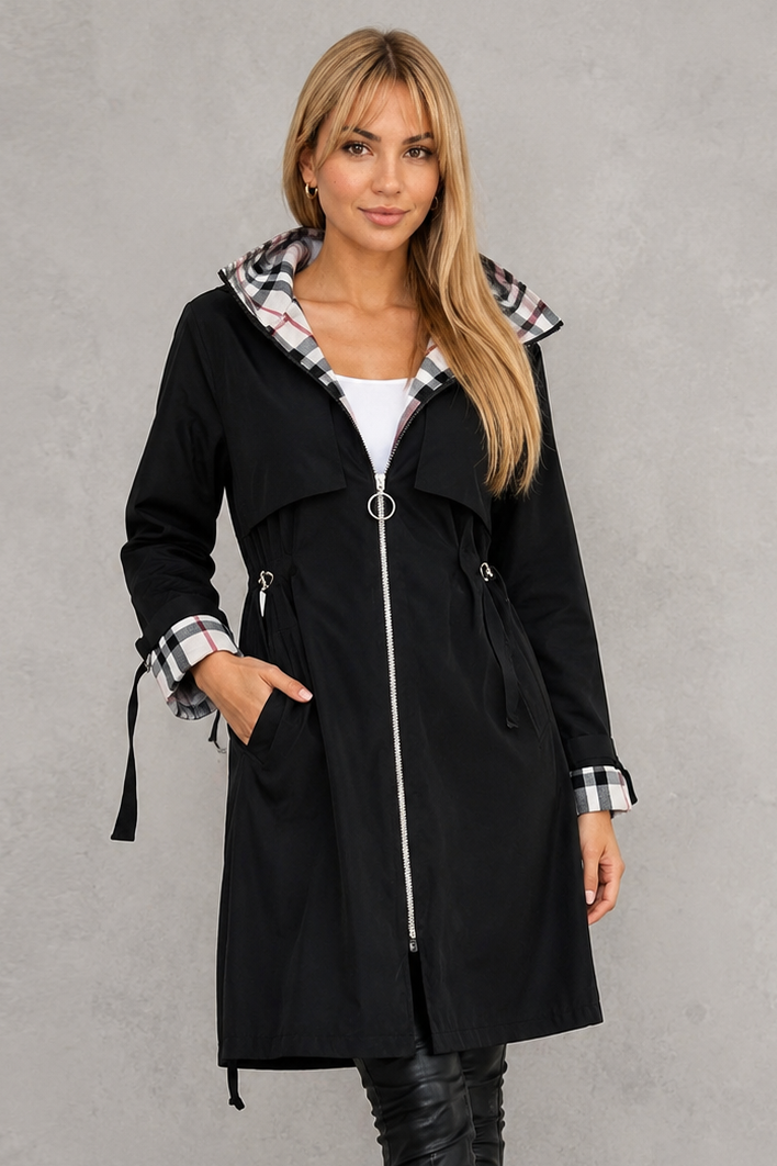 Mabel | Elegante wasserdichte Kapuzenjacke mit Karobesatz