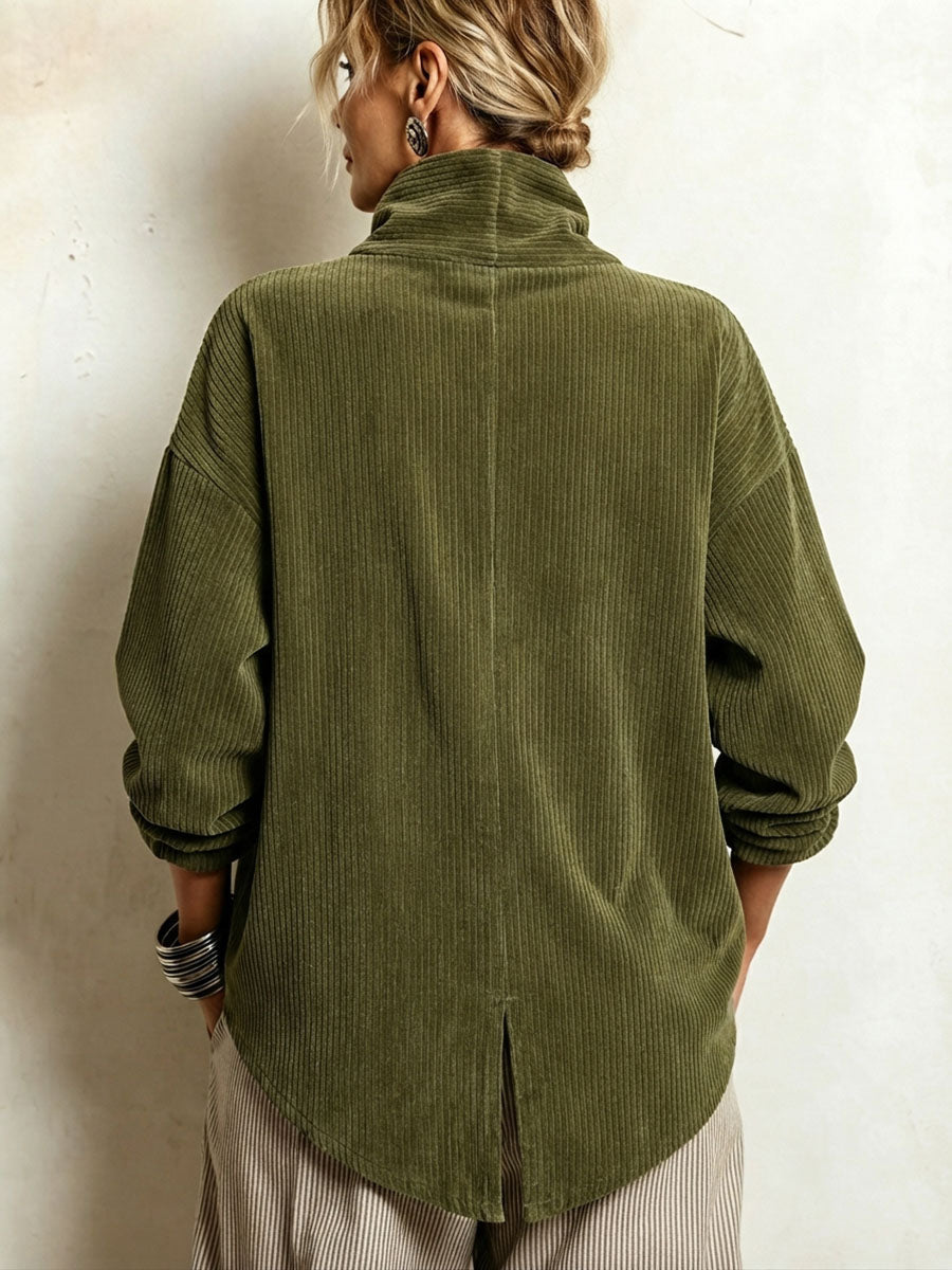 Lucilla | Cord-Top mit diagonaler Knopfleiste, Olivgrün