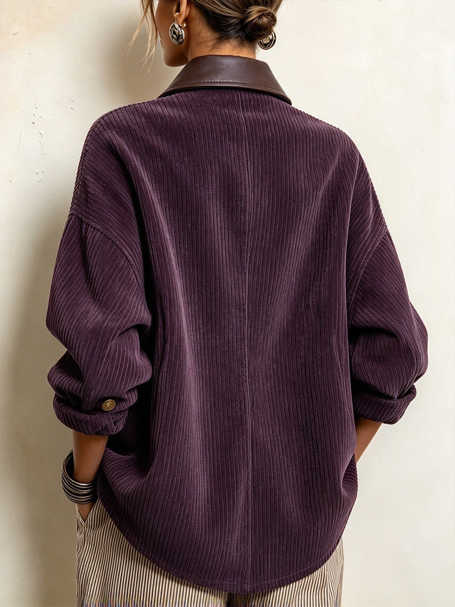 Clarice | Cord-Hemdjacke mit diagonaler Knopfleiste, Pflaume