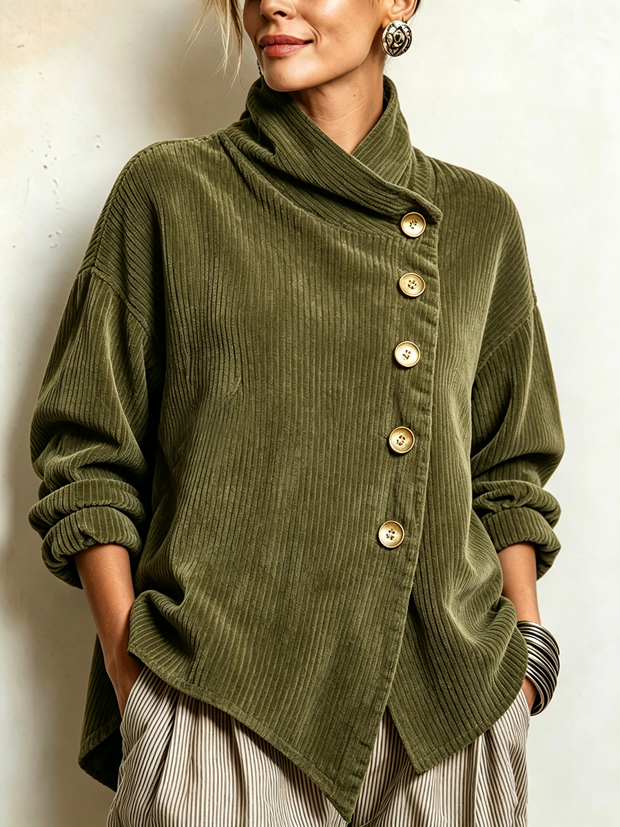 Lucilla | Cord-Top mit diagonaler Knopfleiste, Olivgrün