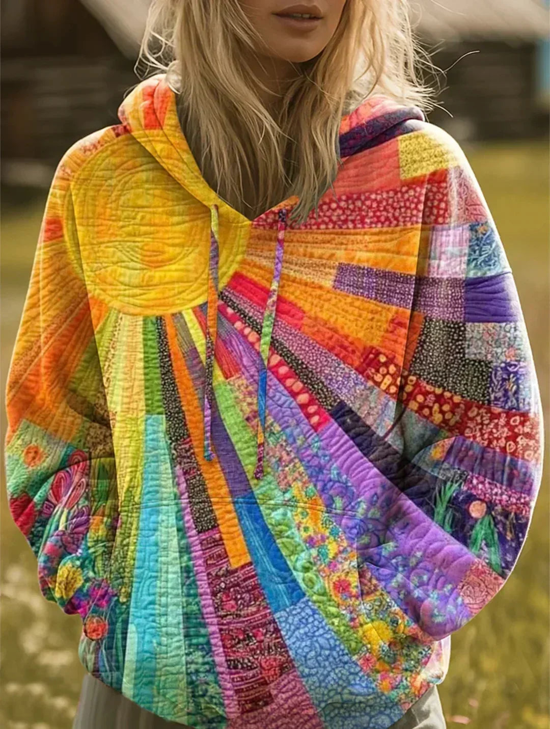 Dawnella | Boho-Hoodie im mehrfarbigen Patchwork-Design