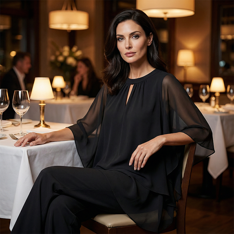 Jeannine | Set mit asymmetrischer Lagenbluse und weiter Hose