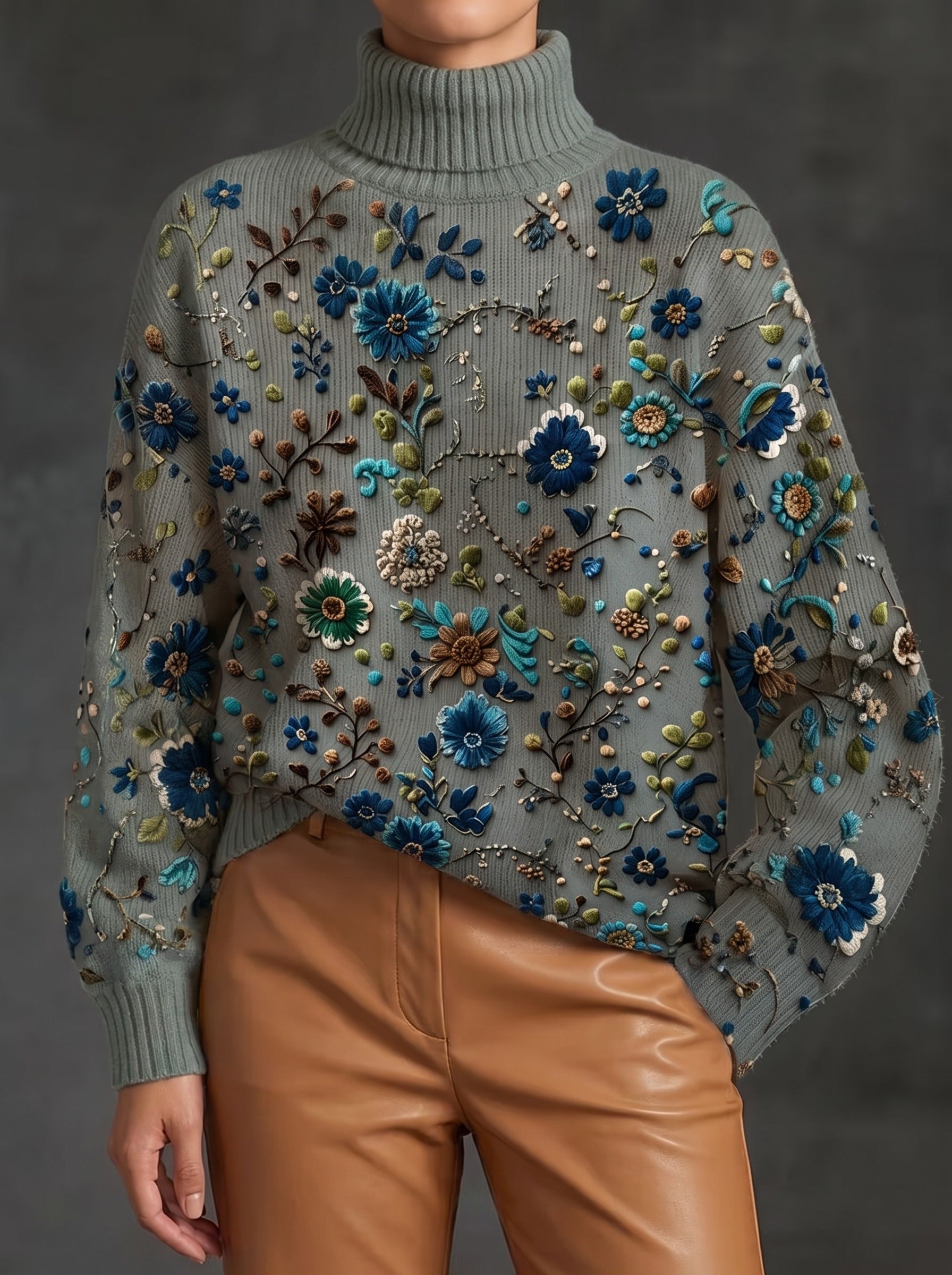 Thalassa™ | Salbeigrüner Blüten-Rollkragenpullover