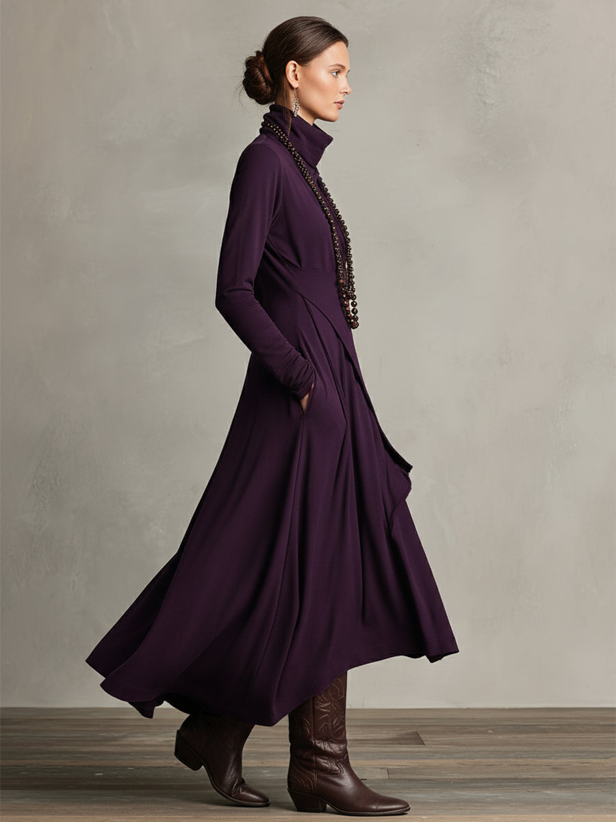 Bohemian Cotton Stretch Turtleneck Asymmetrisch Drapiertes Maxikleid