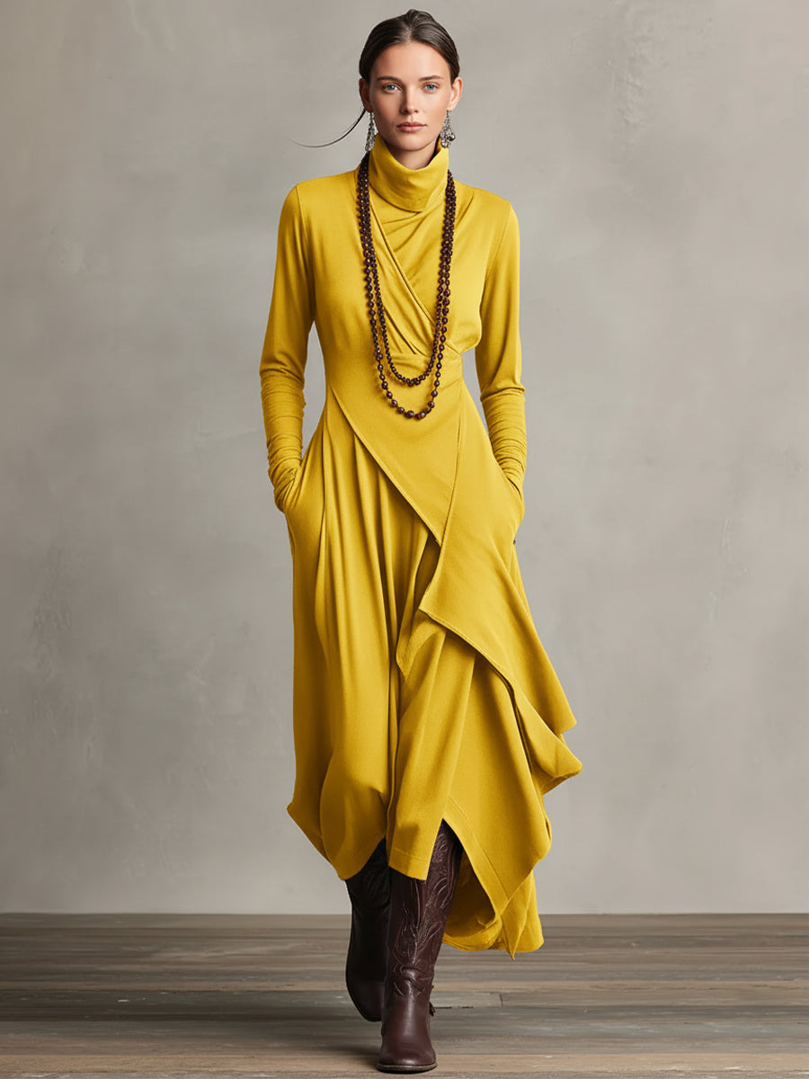 Bohemian Cotton Stretch Turtleneck Asymmetrisch Drapiertes Maxikleid